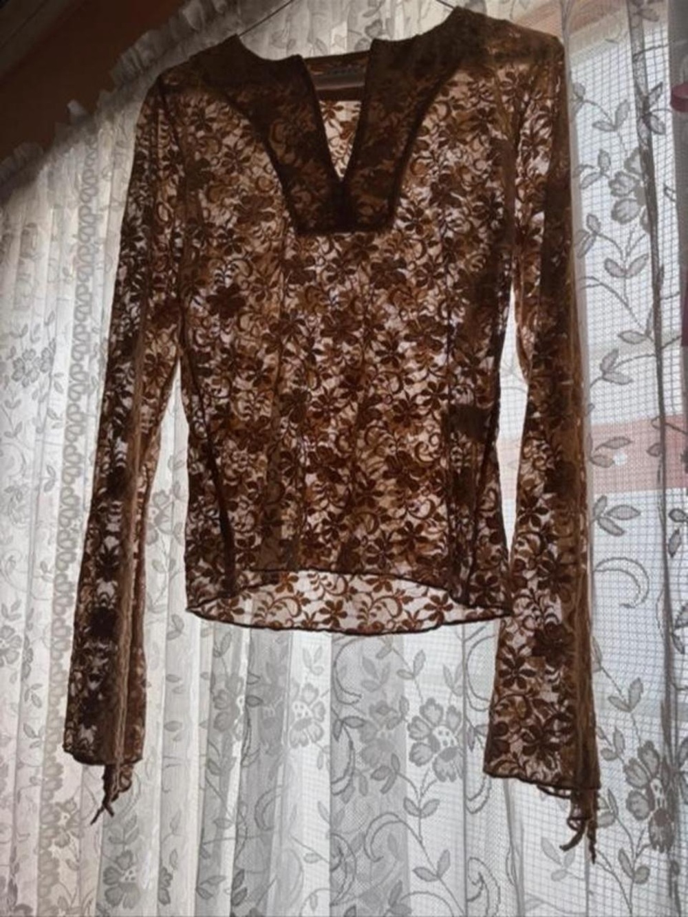 Lapis Brown Floral Lace V-Neck Sheer Top
